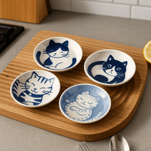Japanese Style Ceramic Dessert Sauce Dish Tableware Creative Cute Cartoon Lucky Cat Pattern Water Drop Shape Fruit Sushi Plates