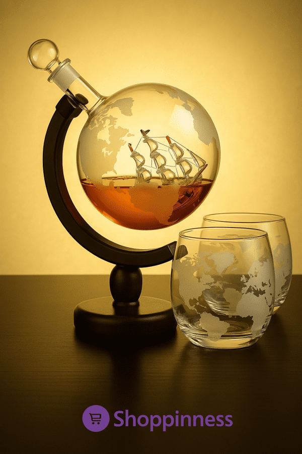 900ML Creative Globe Decanter Set with Lead-free Carafe Exquisite Wood-stand and 2 Glasses Whiskey Decanter Globe Grade Gift - Image 3