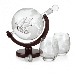 900ML Creative Globe Decanter Set with Lead-free Carafe Exquisite Wood-stand and 2 Glasses Whiskey Decanter Globe Grade Gift