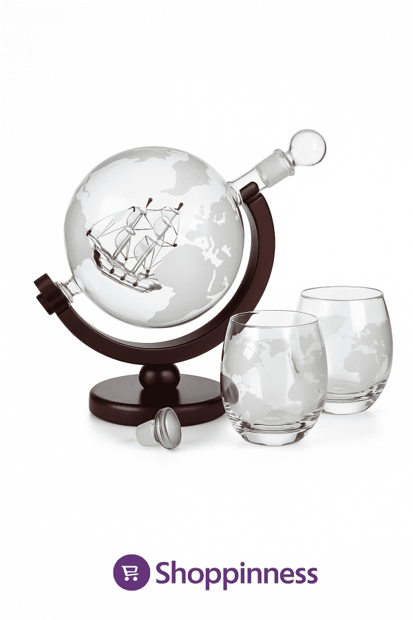 900ML Creative Globe Decanter Set with Lead-free Carafe Exquisite Wood-stand and 2 Glasses Whiskey Decanter Globe Grade Gift