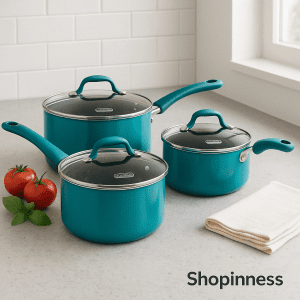 CyanCook™ 3-Piece Non-Stick Saucepan Set – Enamel Coating with Silicone Handles