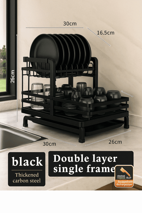 Double-Layer Dish Rack with Rustproof Steel Frame for Kitchen