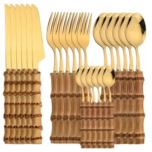 0Bamboo Tableware Set – 24Pcs Stainless Steel Cutlery with Natural Handles